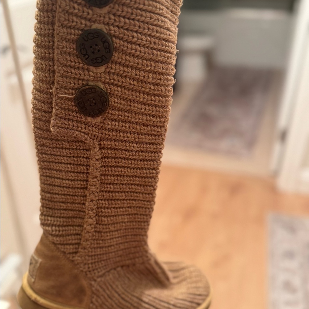 UGG Beige Knit Boots with Button Accent